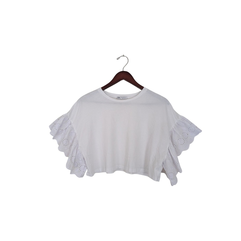 Zara White Eyelet Lace Ruffle Sleeve Crop Top Tee Shirt Womens Size Medium